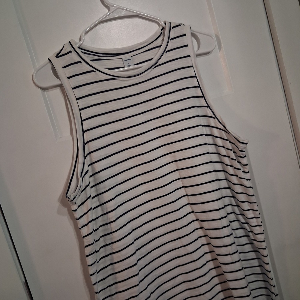 Old Navy Tank Dress Womens L White Striped Cotton Sleeveless Casual Summer Mini